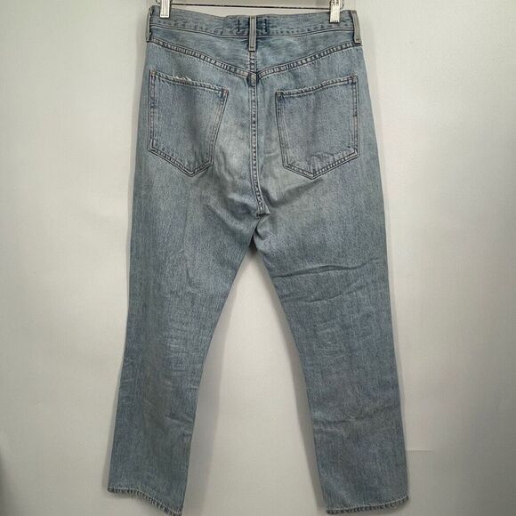 Agolde Blue Distressed Button Fly Cotton Riley High Rise Straight Jeans Size 28 - Picture 6 of 9